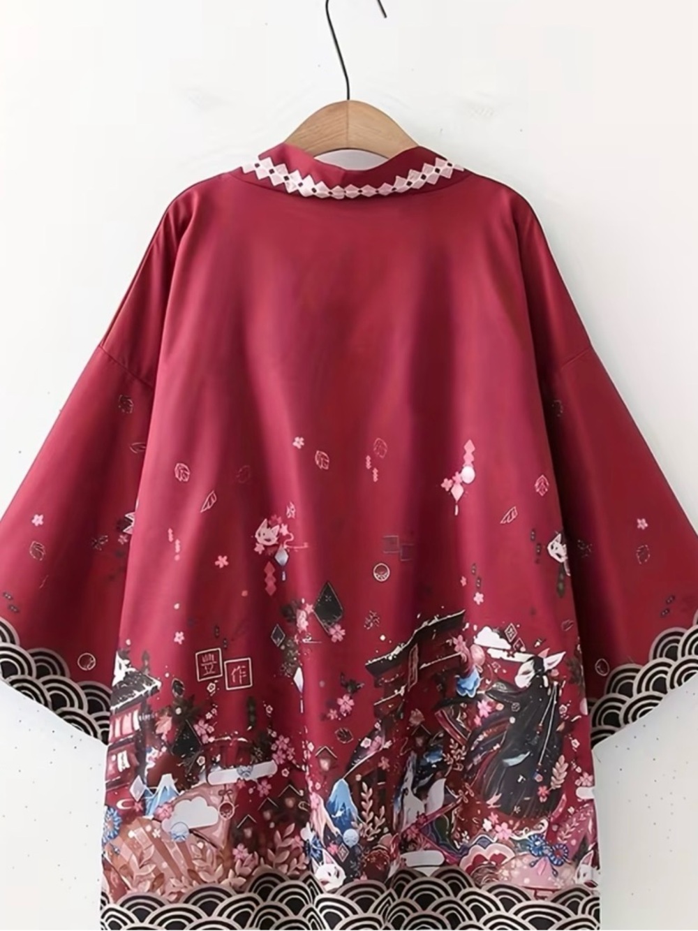 Red Floral Kimono Jacket with Scalloped Hem